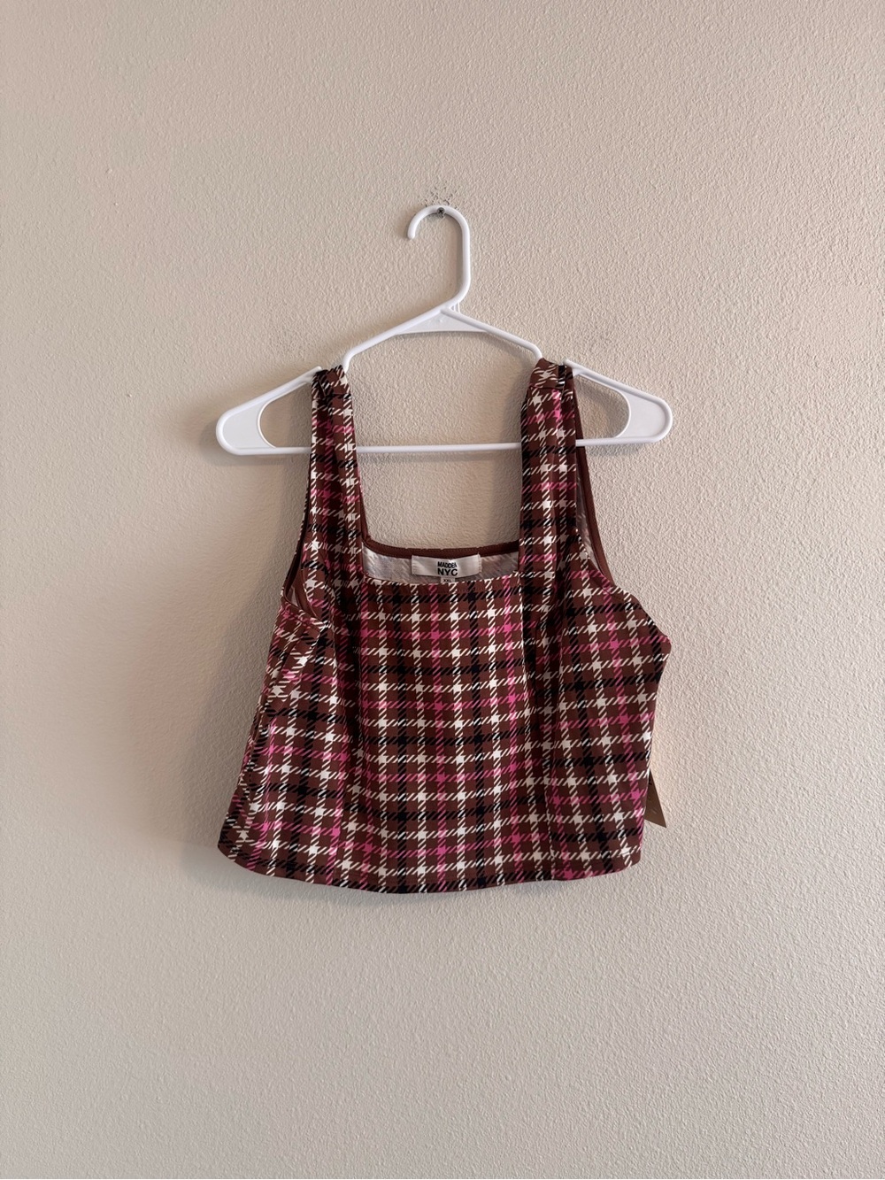 NWT madden NYC Plaid Square-Neck Crop Tank Top - Burgundy Pink
